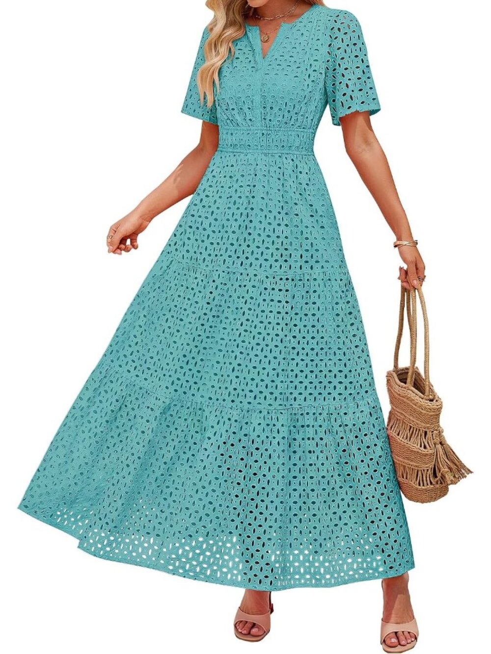 Women's Aqua Summer Short Sleeve High Neck V Neck Eyelet A Line Maxi Dresses